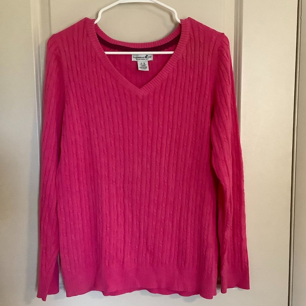 Sweater Women's XL Caribbean Joe 100% cotton pink v neck knit- excellent
